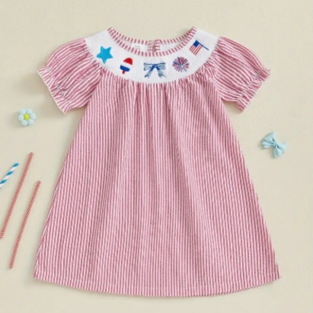 4th of July Girls Patriotic Smocked Seersucker Short Sleeve Dress
